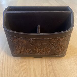 Vintage Leather Desk Organizer / Remote Control Holder Spins 360 Degrees